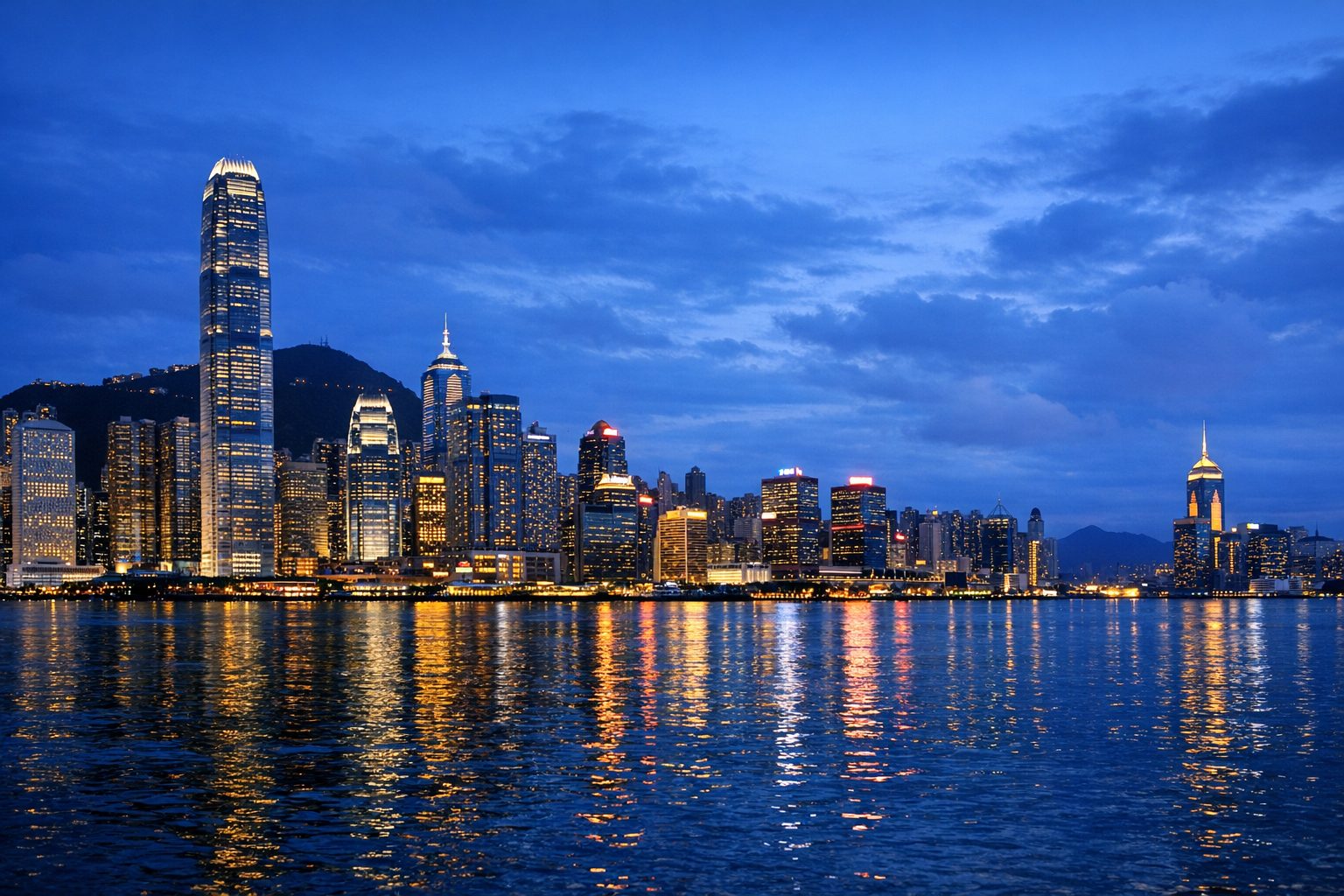 Hong Kong skyline across Victoria Harbour at dusk