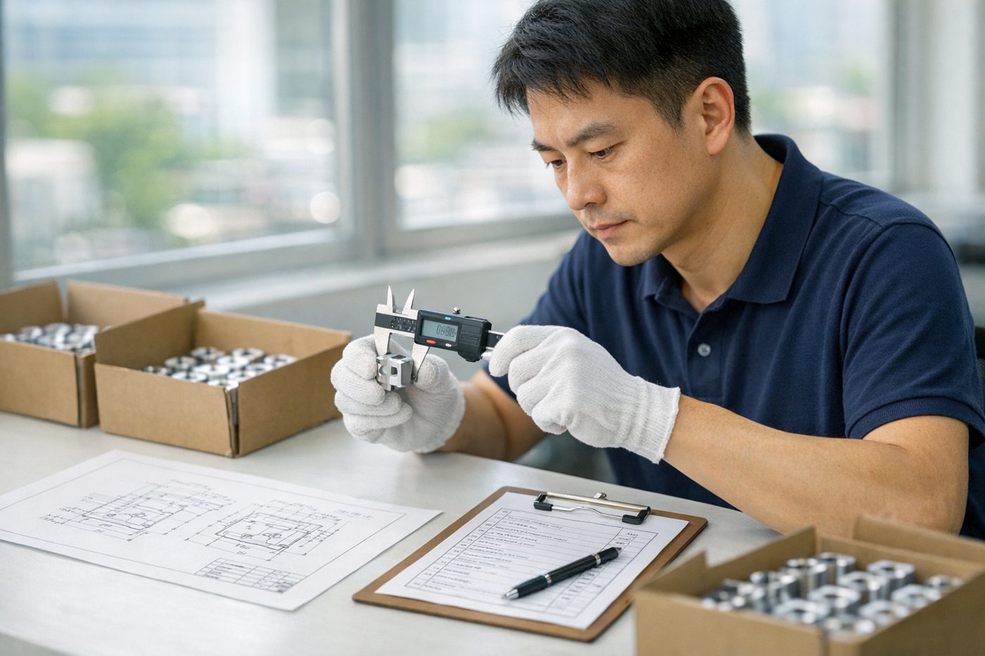 Inspecting machined parts against the drawing in Shenzhen