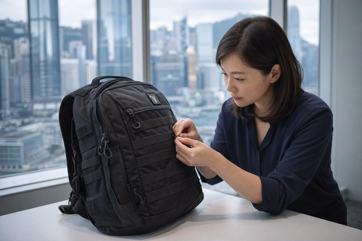 Inspecting a backpack in the Hong Kong office